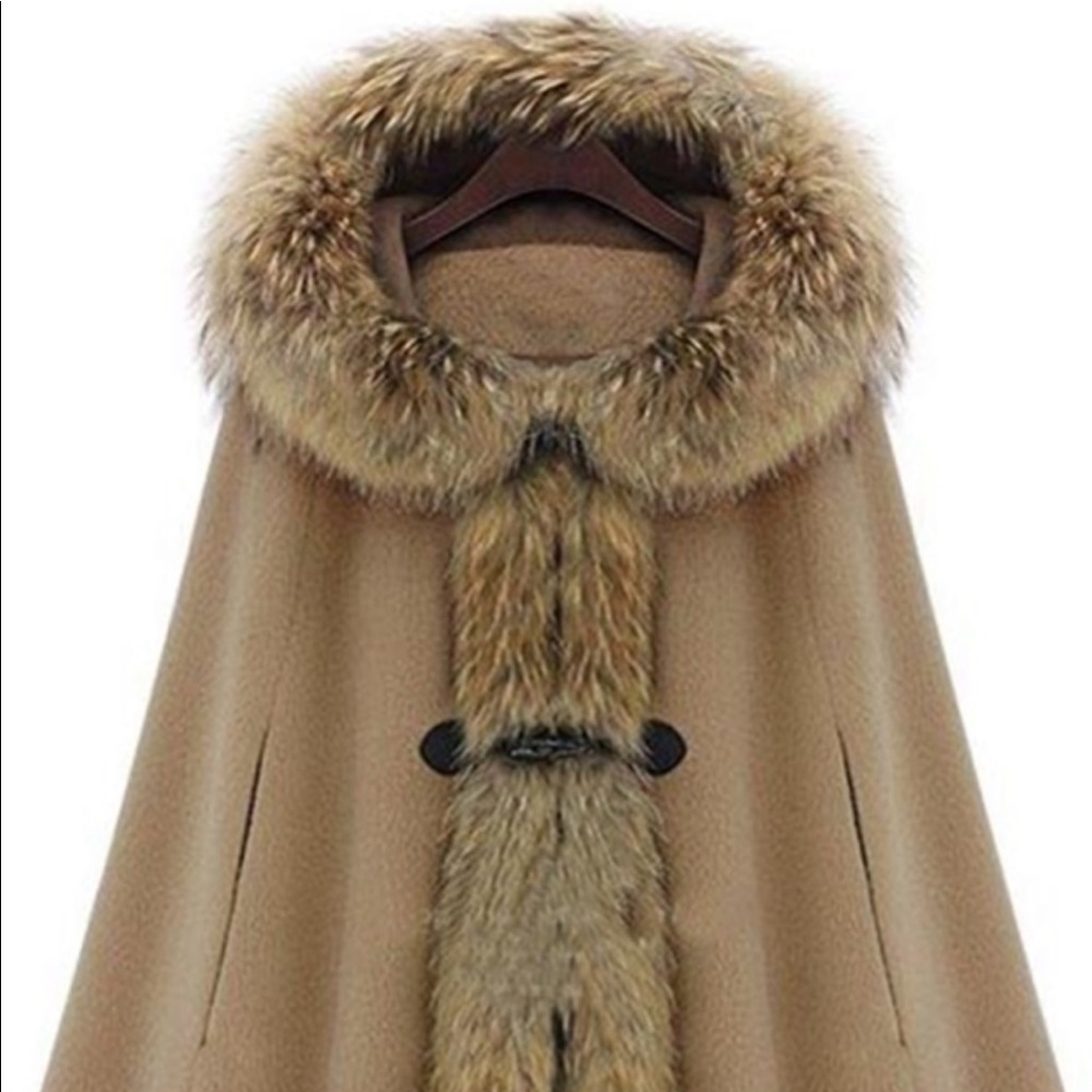 Hooded Big Faux Fur Lapel With Horn Button Women’s Cape Coat